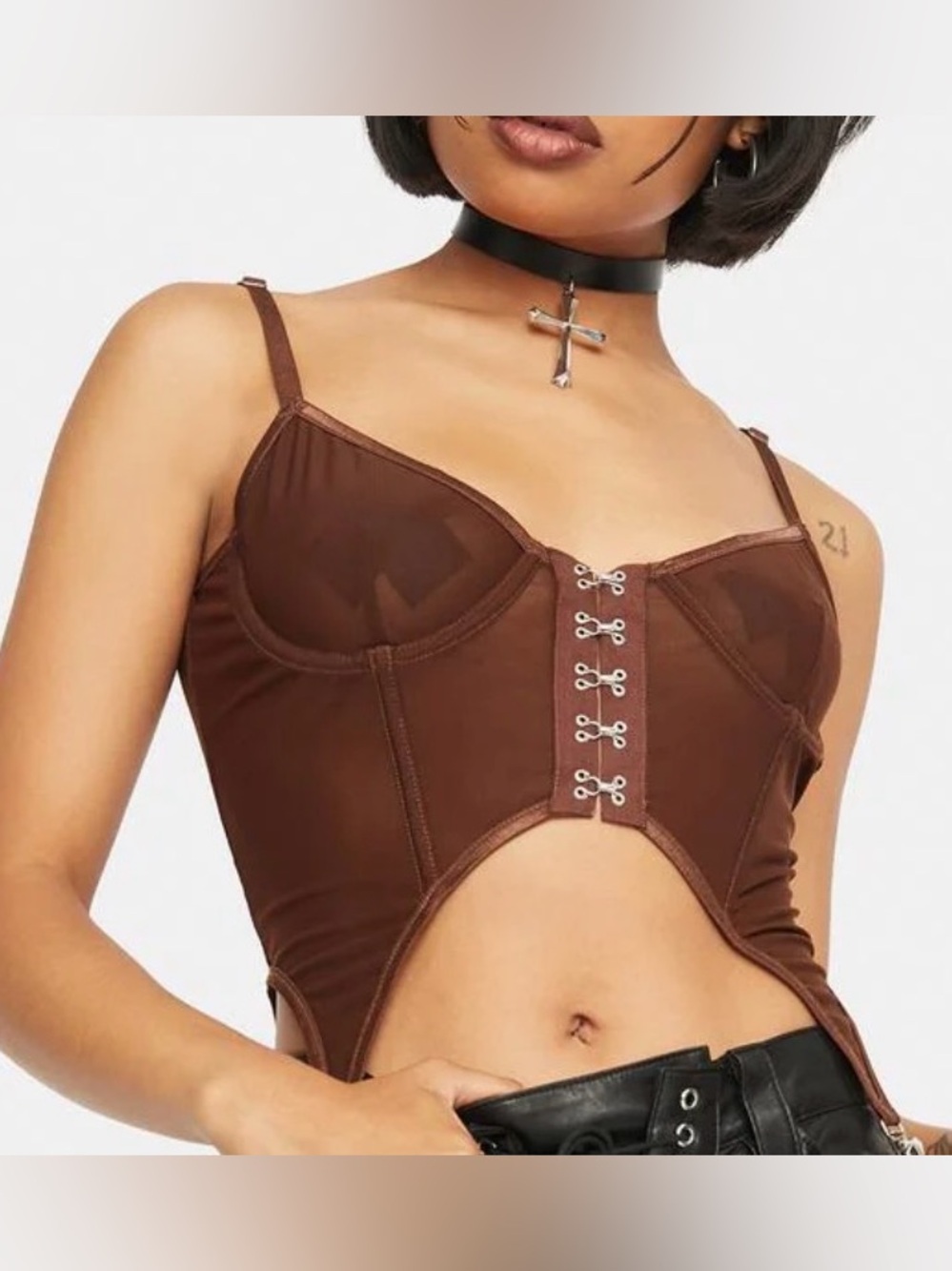 Poster Grl Mocha Got U Hooked Brown Hook-Front Corset Bustier Top XL